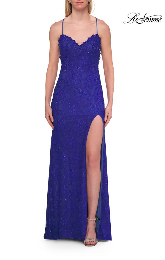 Picture of: Lace Prom Dress with Scalloped Neckline and Open Back in Royal Blue, Style: 33647, Detail Picture 7
