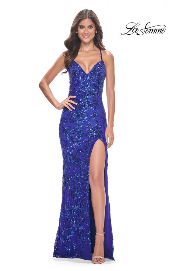 Picture of: Print Sequin Long Prom Dress with Lace Up Back in Royal Blue, Style: 31933, Detail Picture 4