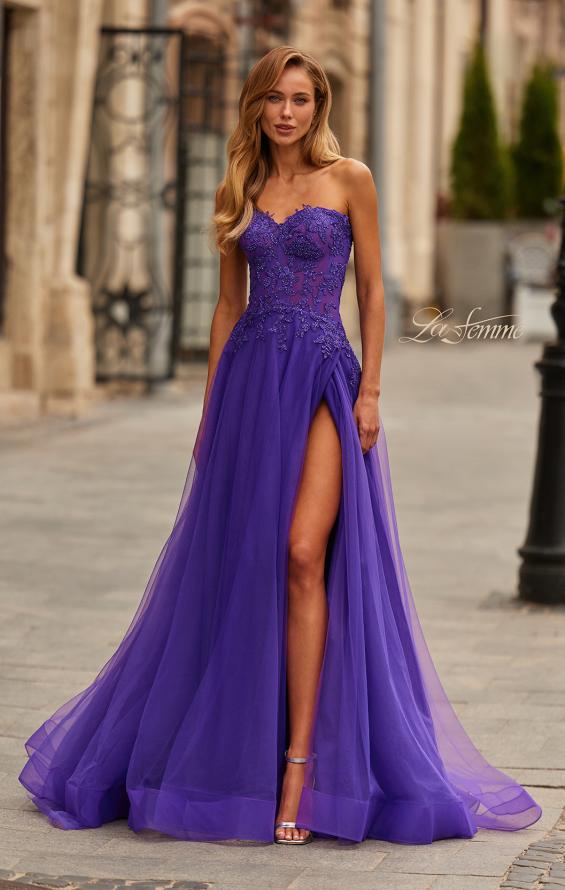 Picture of: Illusion Embroidered Lace Tulle Gown with Slit in Royal Purple, Style: 33551, Main Picture