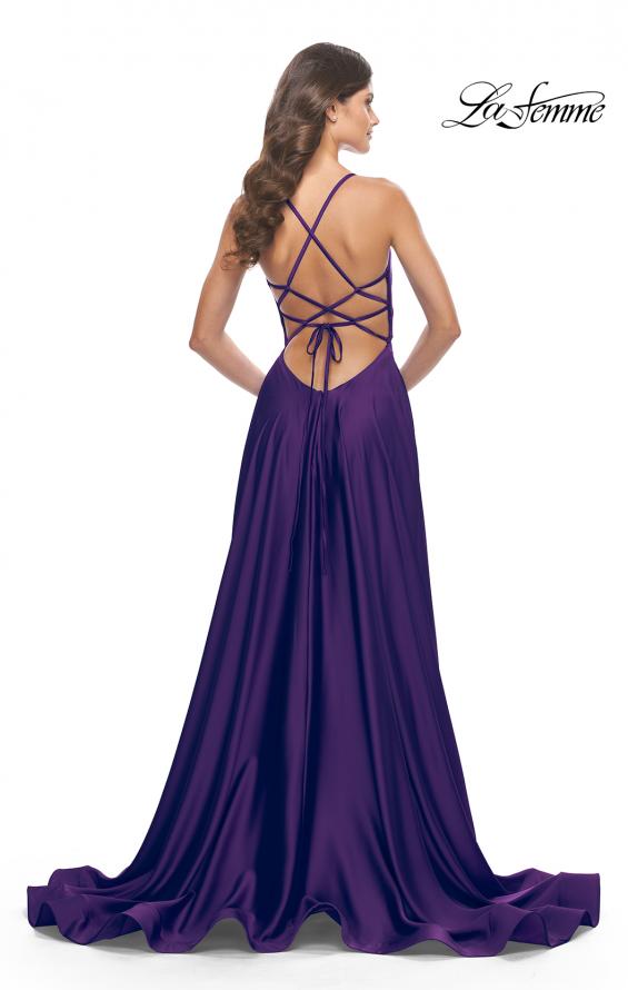 Picture of: A-Line Satin Gown with Deep V and Slit in Royal Purple, Style: 31533, Detail Picture 8