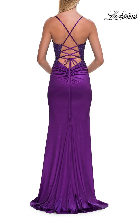 Picture of: Rhinestone Lace Bodice Gown with Slit and Lace-Up Back in Royal Purple, Style: 33498, Detail Picture 8