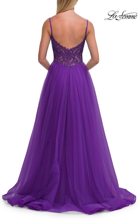 Picture of: Rhinestone Lace A-Line Gown with Sheer Bodice and Slit in Royal Purple, Style: 33674, Detail Picture 8