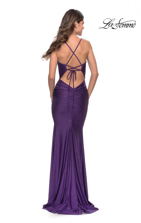 Picture of: Rhinestone Ruched Jersey Prom Dress with Lace Up Back in Royal Purple, Style: 31201, Detail Picture 9