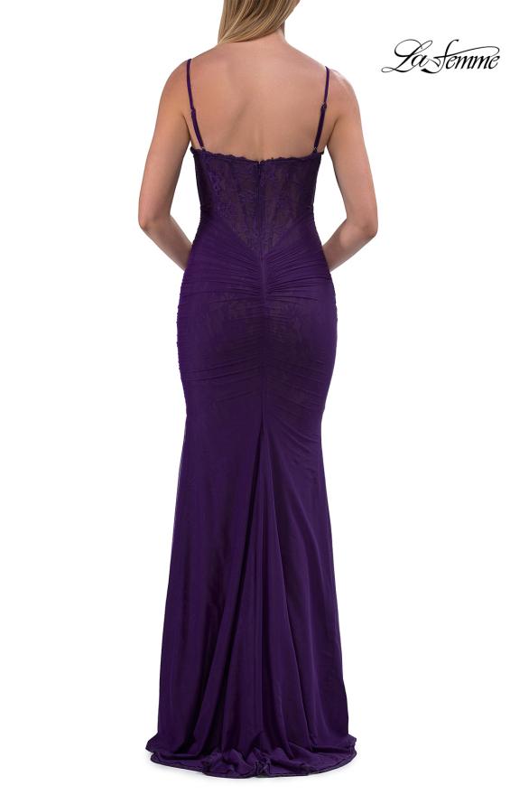 Green Picture of: Lace Fitted Gown with Ruched Bodice and Sheer Back in Royal Purple, Style: 33443, Detail Picture 17
