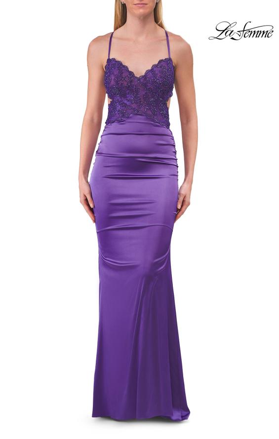 Picture of: Satin and Lace Prom Dress with Side Cutouts and Open Back in Royal Purple, Style: 33651, Detail Picture 17