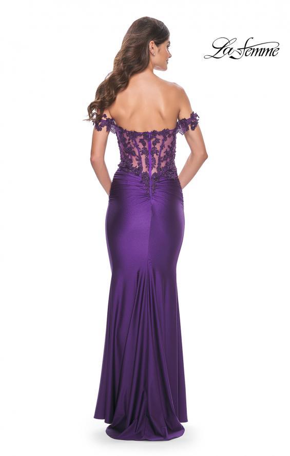 Picture of: Sheer Lace Bodice with Off the Shoulder Straps and Jersey Skirt Gown in Royal Purple, Style: 32302, Back Picture