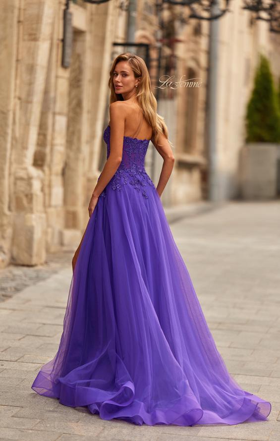 Picture of: Illusion Embroidered Lace Tulle Gown with Slit in Royal Purple, Style: 33551, Back Picture