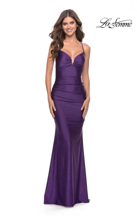 Picture of: Rhinestone Ruched Jersey Prom Dress with Lace Up Back in Royal Purple, Style: 31201, Detail Picture 1