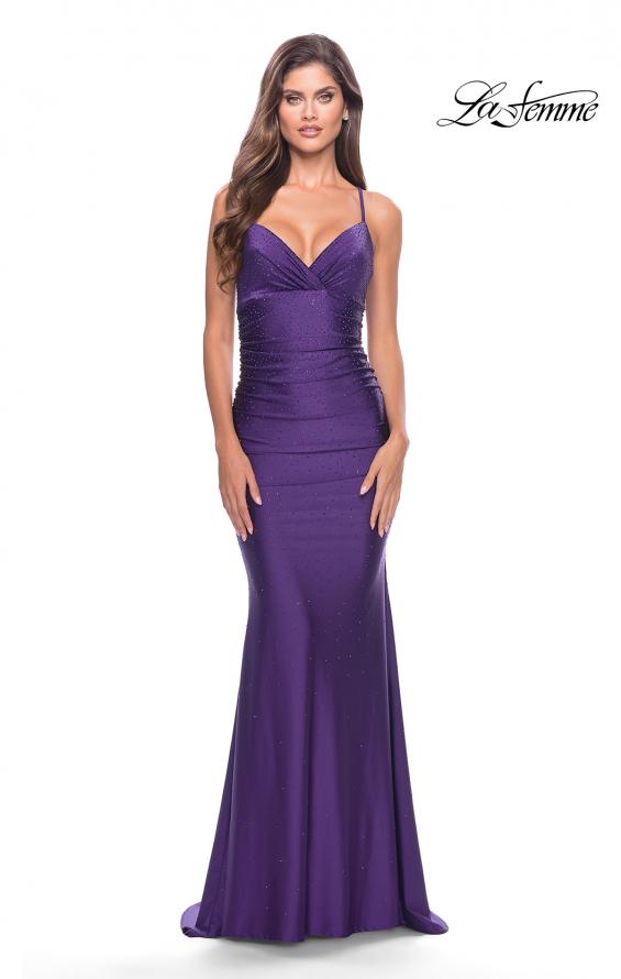 Picture of: Embellished Rhinestone Jersey Long Dress with Lace Up Back in Royal Purple, Style: 30996, Detail Picture 2