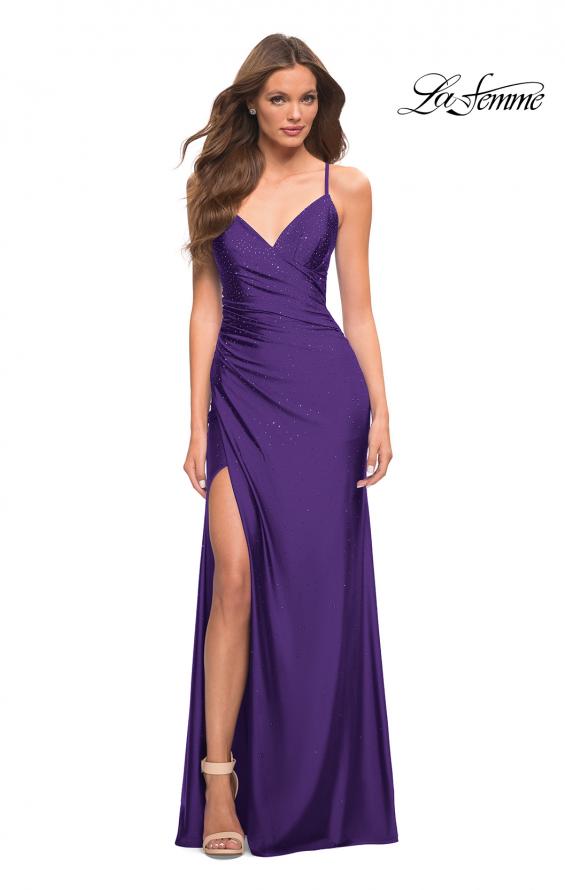 Picture of: Jersey Gown with Wrap Style Front and Rhinestones in Royal Purple, Style: 30465, Detail Picture 3
