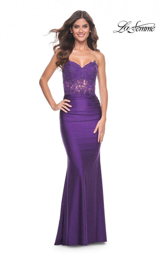 Picture of: Sweetheart Strapless Jersey Gown with Lace Sheer Bodice in Royal Purple, Style: 32254, Detail Picture 3