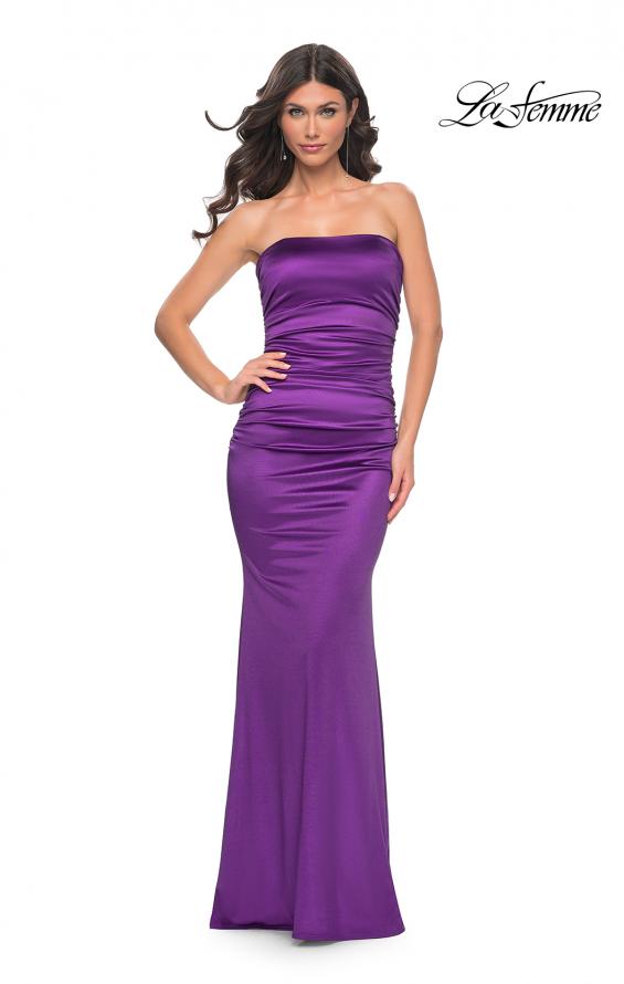 Picture of: Strapless Stretch Satin Dress with Ruching in Purple, Style: 32300, Detail Picture 3