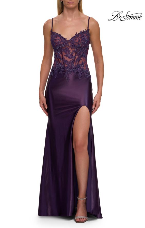 Purple Picture of: Rhinestone Sheer Lace Bodice Prom Dress with High Slit in Royal Purple, Style: 33627, Detail Picture 3