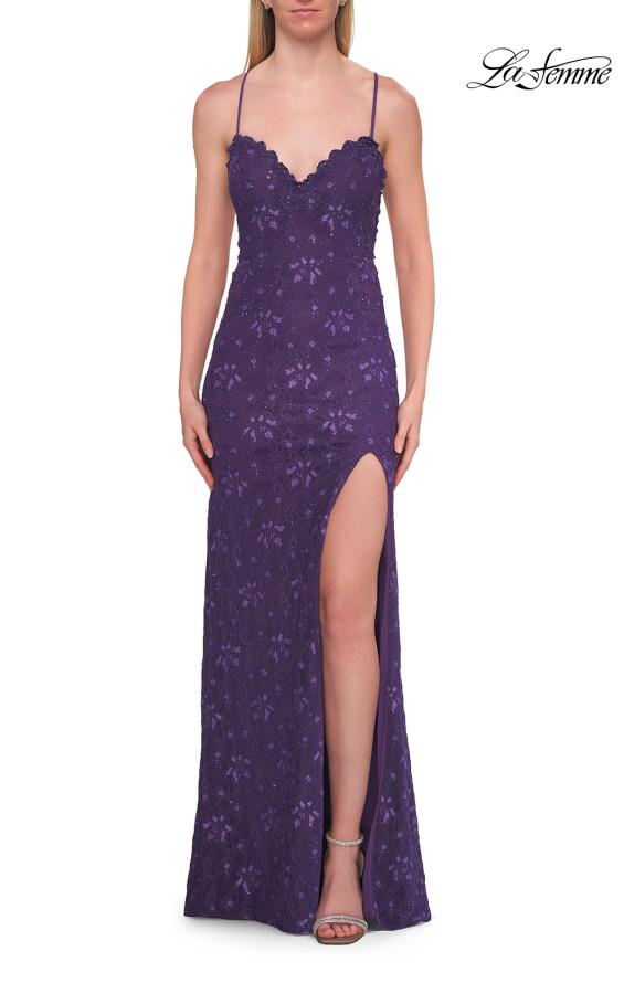 Picture of: Lace Prom Dress with Scalloped Neckline and Open Back in Royal Purple, Style: 33647, Detail Picture 3