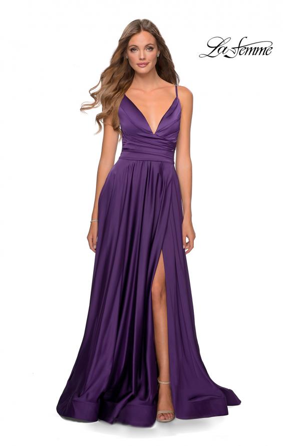 Picture of: Long Satin Dress with Side Slit and V Shaped Back in Royal Purple, Style: 28607, Detail Picture 4