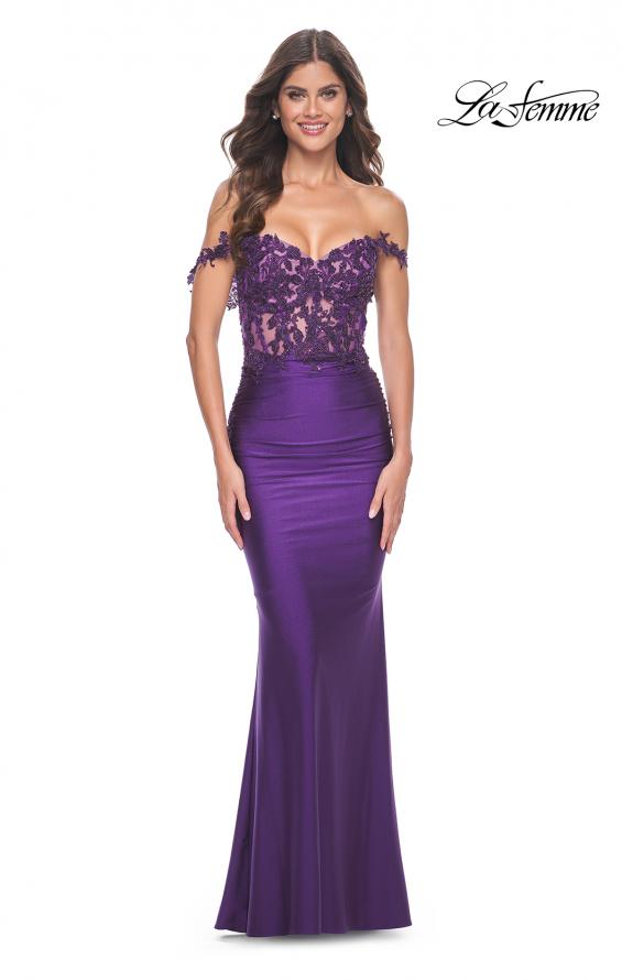 Picture of: Sheer Lace Bodice with Off the Shoulder Straps and Jersey Skirt Gown in Royal Purple, Style: 32302, Detail Picture 4