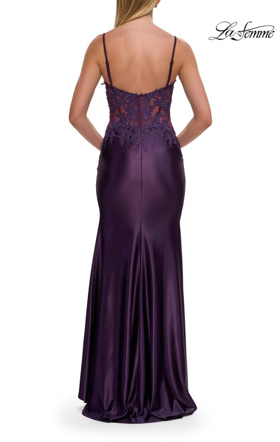 Purple Picture of: Rhinestone Sheer Lace Bodice Prom Dress with High Slit in Royal Purple, Style: 33627, Detail Picture 4