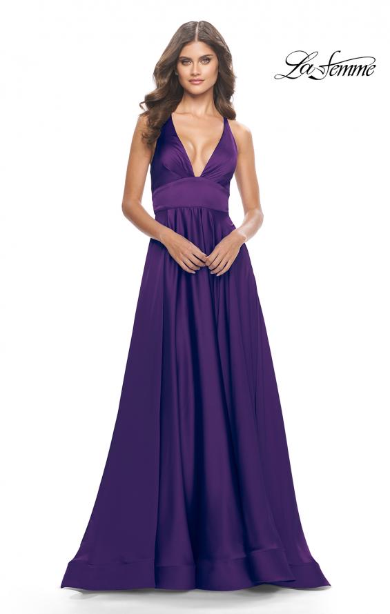 Picture of: A-Line Satin Gown with Deep V and Slit in Royal Purple, Style: 31533, Detail Picture 7