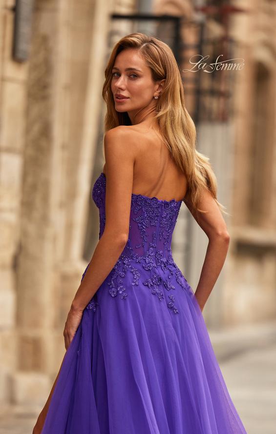 Picture of: Illusion Embroidered Lace Tulle Gown with Slit in Royal Purple, Style: 33551, Detail Picture 7