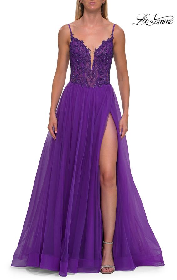 Picture of: Rhinestone Lace A-Line Gown with Sheer Bodice and Slit in Royal Purple, Style: 33674, Detail Picture 7