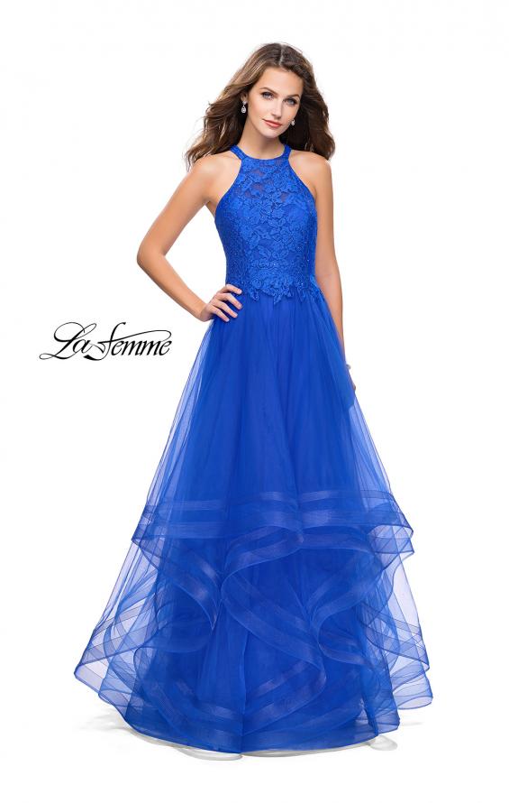 Picture of: Long Prom Ball Gown with Tulle Overlay and Beaded Top in Royal Blue, Style: 25671, Detail Picture 3
