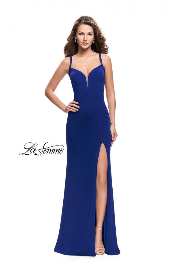 Picture of: Form Fitting Prom Dress with Metallic Straps and Slit in Royal Blue, Style: 26021, Detail Picture 3