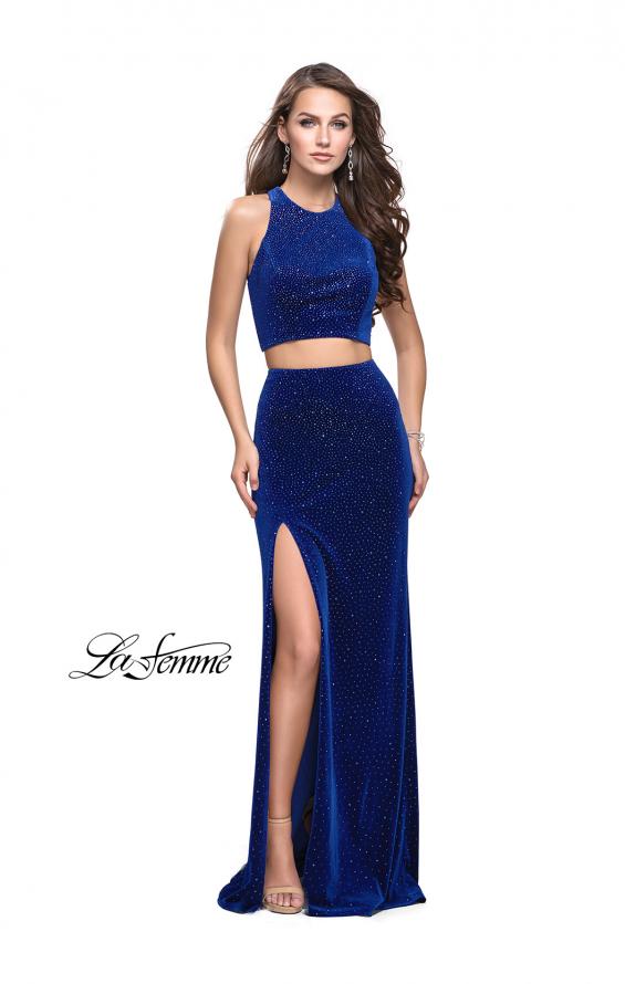 Picture of: Two Piece Velvet Prom Dress with Open Back and Leg Slit in Royal Blue, Style: 25464, Detail Picture 2