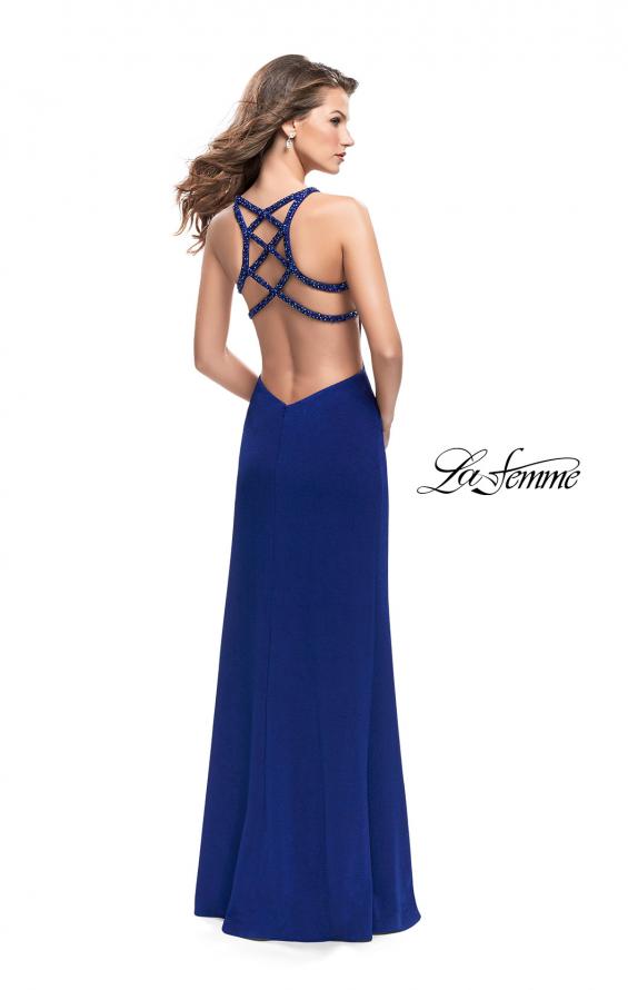 Picture of: Form Fitting Prom Dress with Metallic Straps and Slit in Royal Blue, Style: 26021, Detail Picture 2