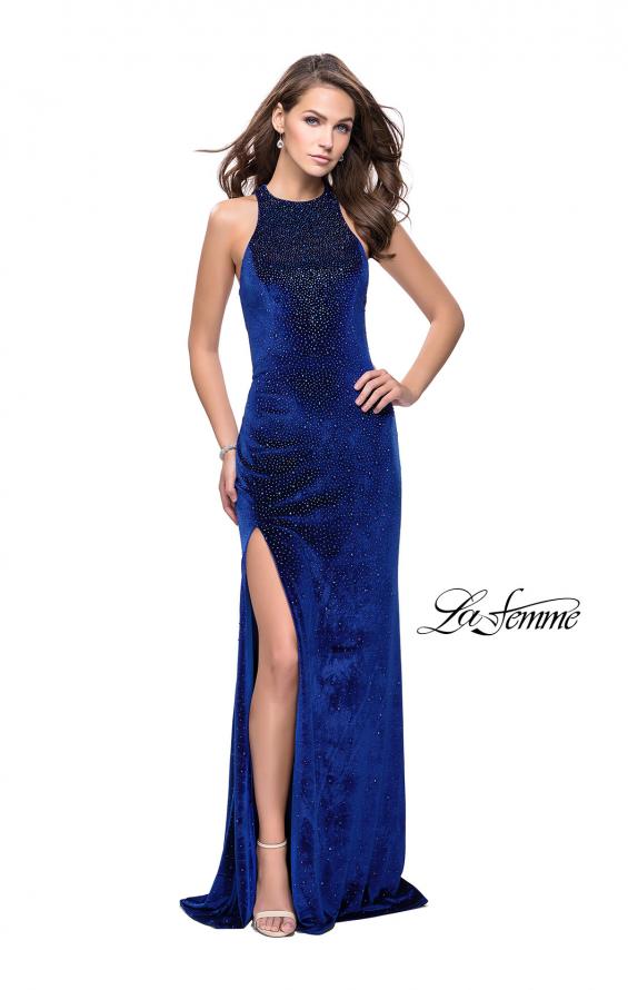 Picture of: Long Sparkling Velvet Prom Dress with Open Racer Back in Royal Blue, Style: 25517, Detail Picture 6