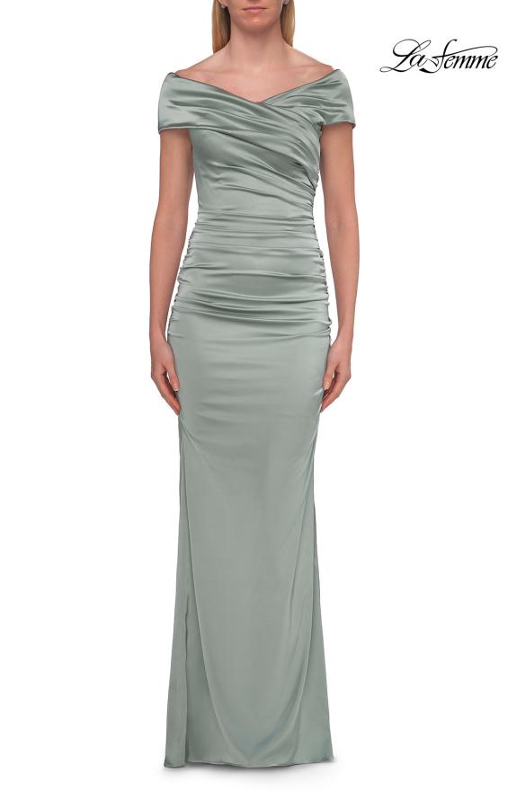 Picture of: Off-the-Shoulder Ruched Satin Evening Gown in Sage, Style: 33620, Detail Picture 5