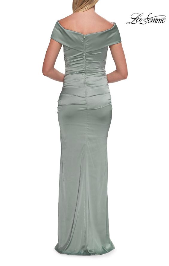 Picture of: Off-the-Shoulder Ruched Satin Evening Gown in Sage, Style: 33620, Detail Picture 6