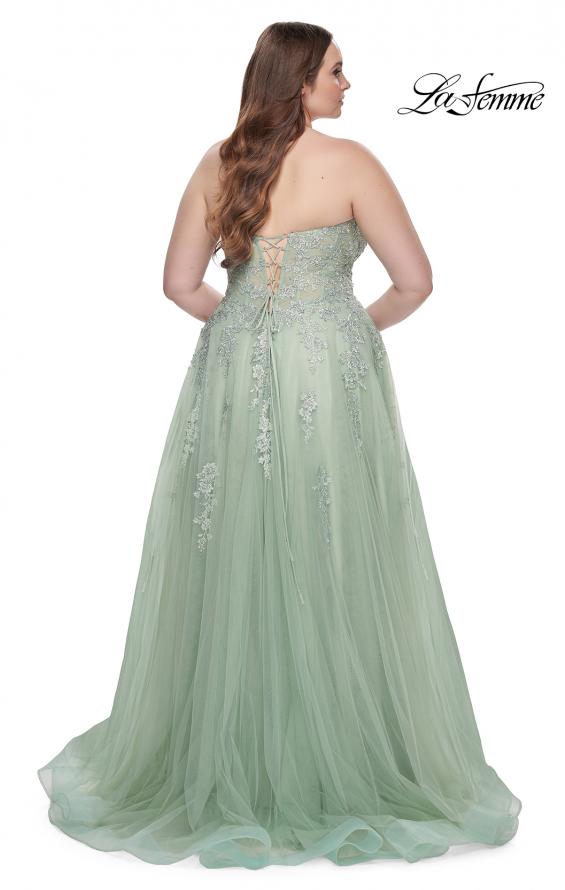 Picture of: Strapless Lace and Tulle A-Line Plus Gown with Tie Back in Sage, Style: 31570, Detail Picture 8