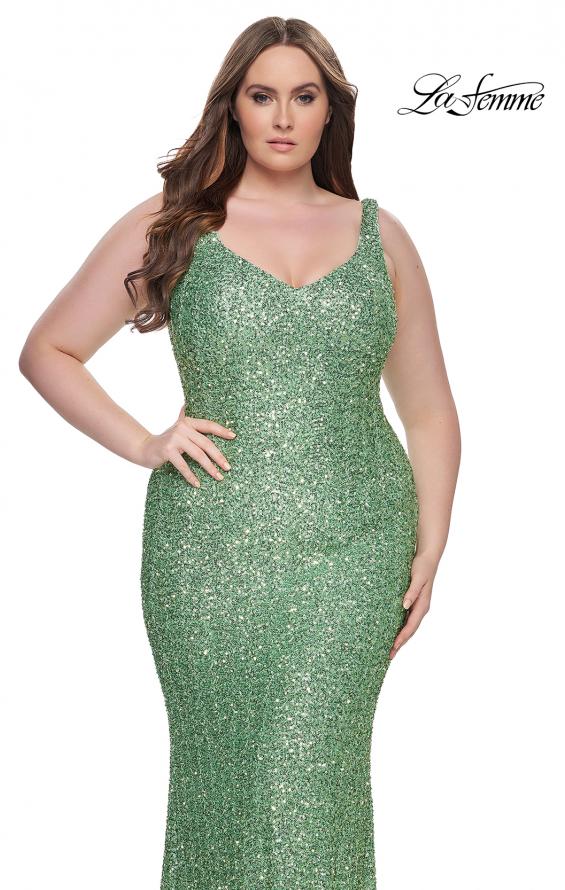 Picture of: Fitted Stretch Sequin Plus Size Dress with V Neck in Sage, Style: 31163, Detail Picture 9