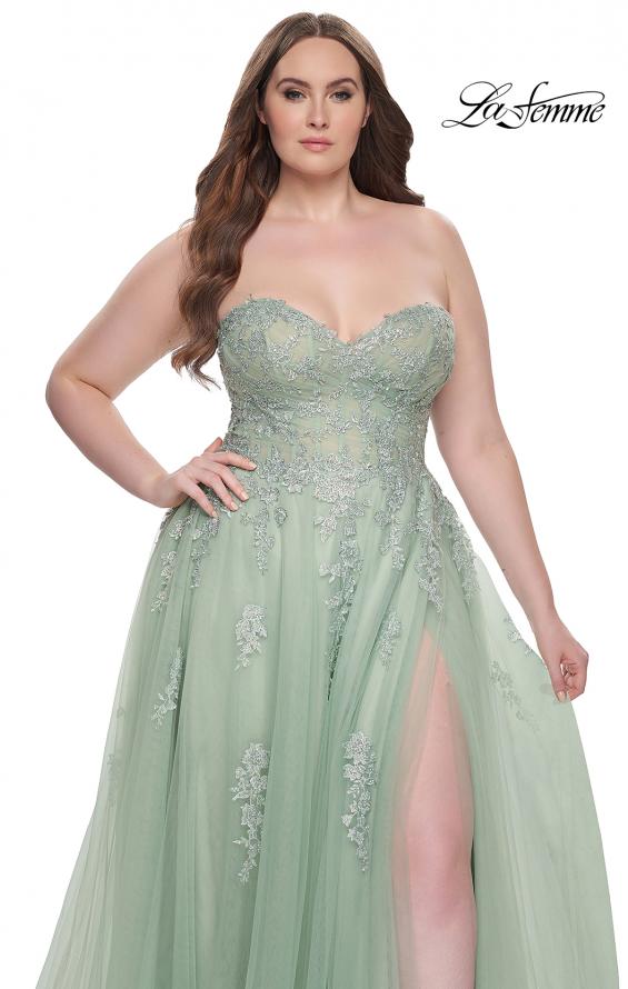 Picture of: Strapless Lace and Tulle A-Line Plus Gown with Tie Back in Sage, Style: 31570, Detail Picture 9