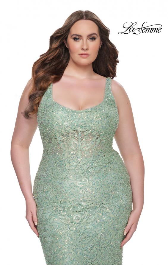 Picture of: Fitted Beaded Lace Plus Size Prom Dress with Illusion Waist in Sage, Style: 31535, Detail Picture 10