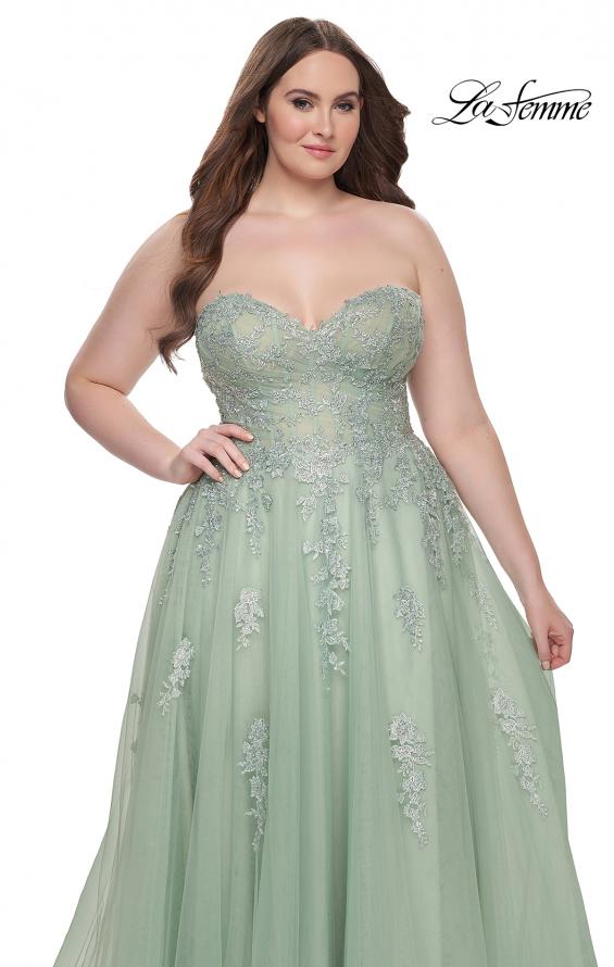 Picture of: Strapless Lace and Tulle A-Line Plus Gown with Tie Back in Sage, Style: 31570, Detail Picture 10