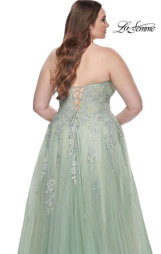 Picture of: Strapless Lace and Tulle A-Line Plus Gown with Tie Back in Sage, Style: 31570, Detail Picture 11