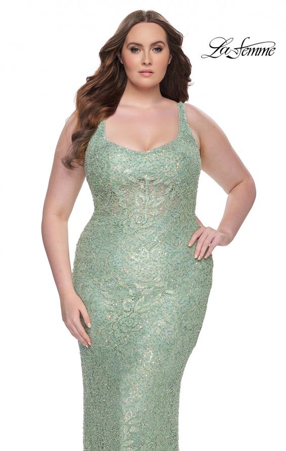 Picture of: Fitted Beaded Lace Plus Size Prom Dress with Illusion Waist in Sage, Style: 31535, Detail Picture 12