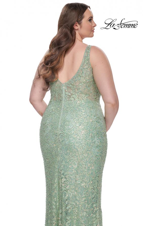 Picture of: Fitted Beaded Lace Plus Size Prom Dress with Illusion Waist in Sage, Style: 31535, Detail Picture 13
