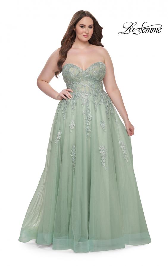 Picture of: Strapless Lace and Tulle A-Line Plus Gown with Tie Back in Sage, Style: 31570, Detail Picture 1
