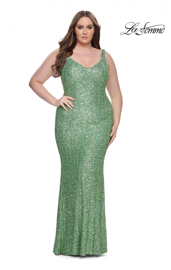 Picture of: Fitted Stretch Sequin Plus Size Dress with V Neck in Sage, Style: 31163, Detail Picture 2
