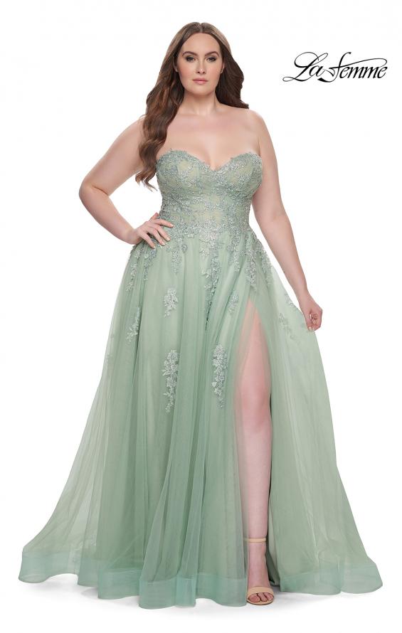 Picture of: Strapless Lace and Tulle A-Line Plus Gown with Tie Back in Sage, Style: 31570, Detail Picture 7