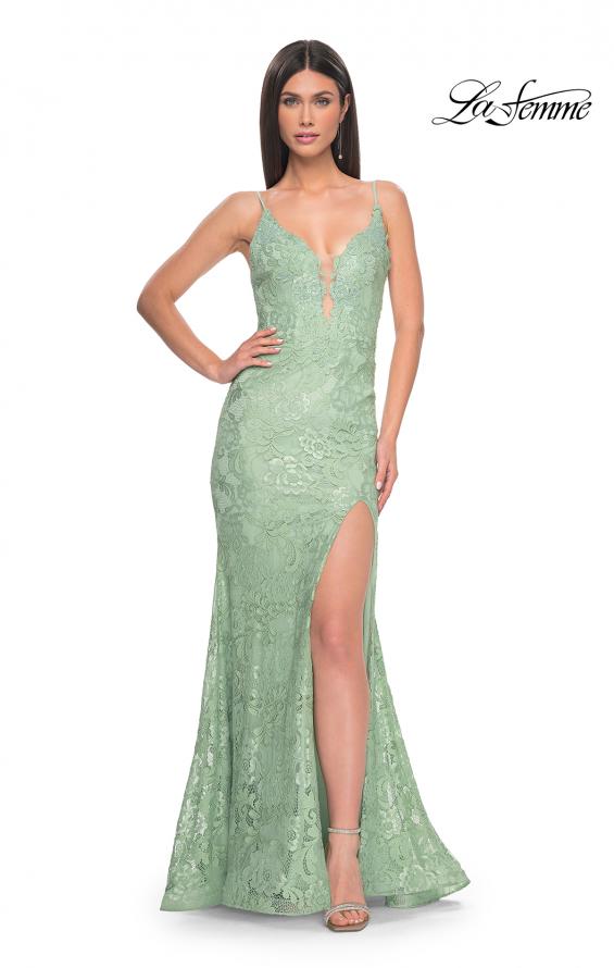 Picture of: Lace Dress with Deep V-Neck and Rhinestones in Sage, Style: 31134, Main Picture