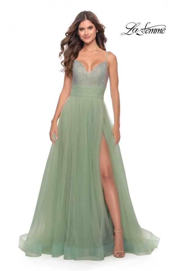 Picture of: Tulle Gown with Full Skirt and Rhinestone Bodice in Sage, Style: 31238, Main Picture