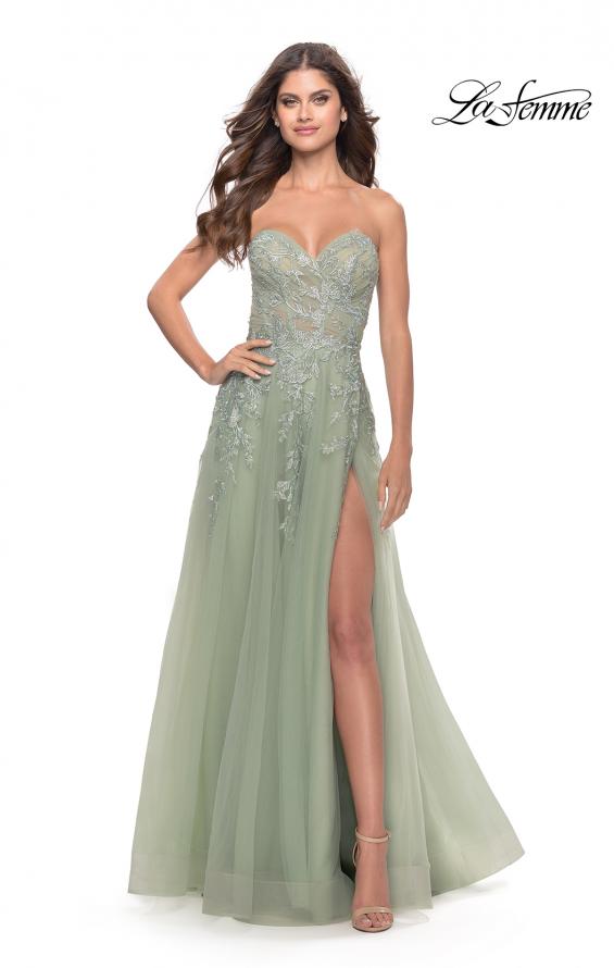 Picture of: Sweetheart Tulle Strapless Gown with Lace Applique in Sage, Style: 31363, Main Picture