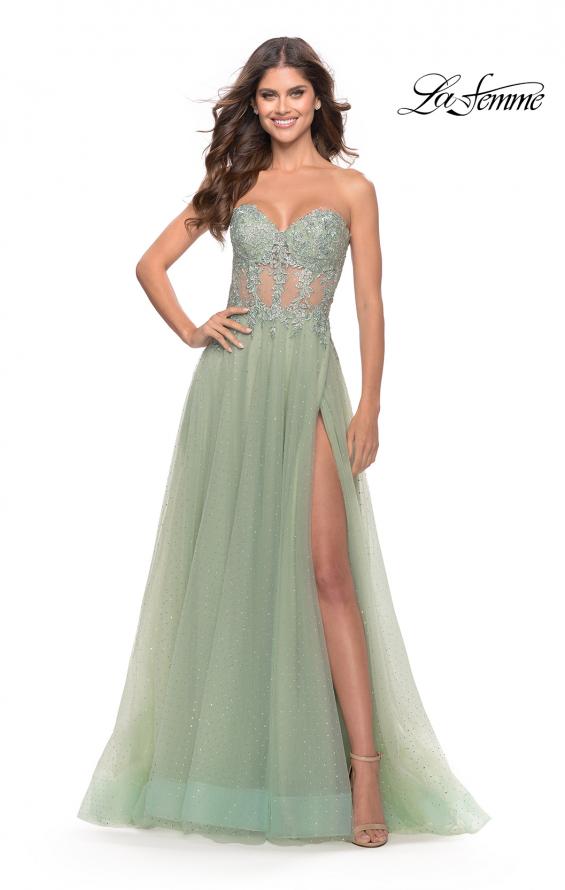 Picture of: Rhinestone Tulle Gown with Sheer Lace Bodice in Sage, Style: 31367, Main Picture