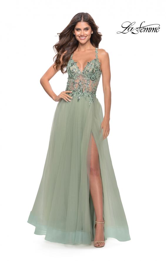 Picture of: Tulle A-Line Gown with Sheer Bodice and Beaded Lace Detail in Sage, Style: 31369, Main Picture