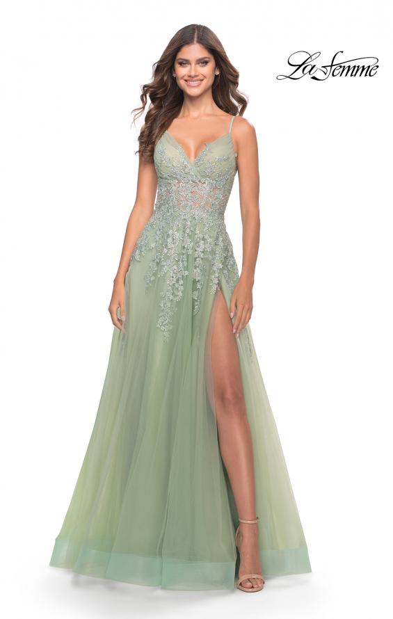 Picture of: Tulle A-Line Gown with Pretty Lace Applique Details in Sage, Style: 31393, Main Picture
