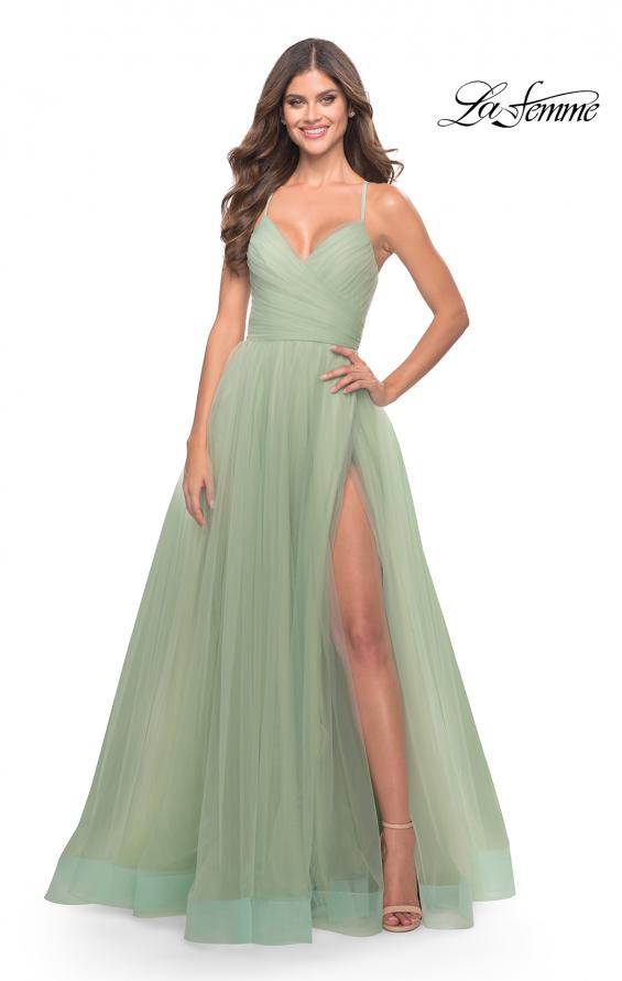 Picture of: Long Tulle A-line Gown with Side Slit and Pockets in Sage, Style: 31501, Main Picture