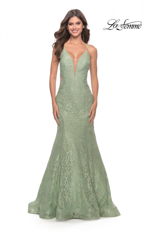 Picture of: Long Mermaid Lace Dress with Back Rhinestone Detail in Sage, Style: 31512, Main Picture